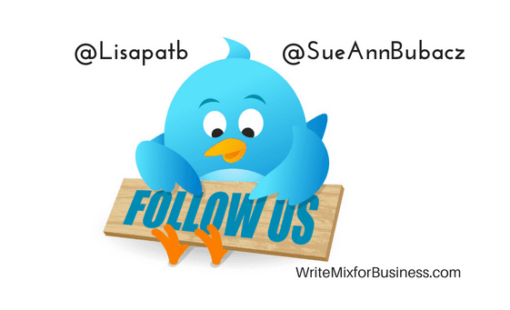 from post, is Twitter a pay to play network like Facebook? @Lisapatb @SueAnnBubacz is visual with twitter bird holding a follow us wooden sign and pointing to it visual for WriteMixforBusiness post by Lisa Sicard