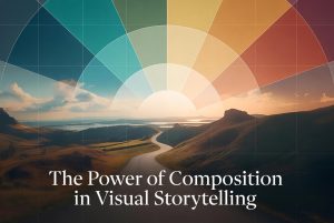 Title Visual for: The Power of Composition for Visual Storytelling by Sue-Ann Bubacz with a rainbow effect color wheel in back of a scenic view of a winding river into a mountain scape.